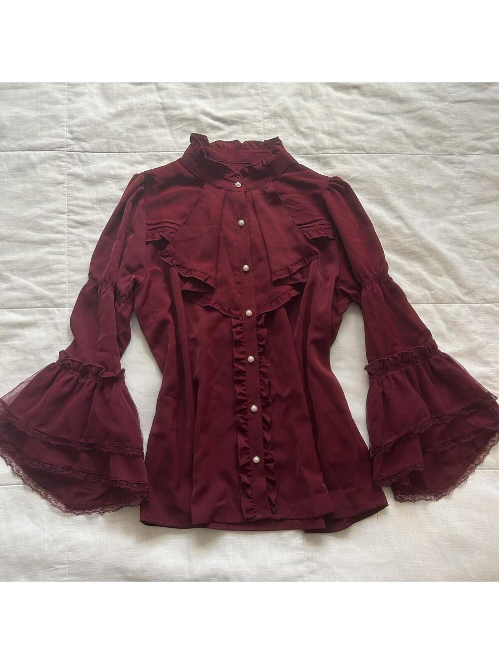 Axes Femme Burgundy Red Victorian Blouse Lace Tiered Bell Sleeves Pearl M Japan